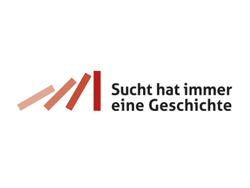 Logo mit vier Balken in Rottönen und dem Schriftzug „Sucht hat immer eine Geschichte“
