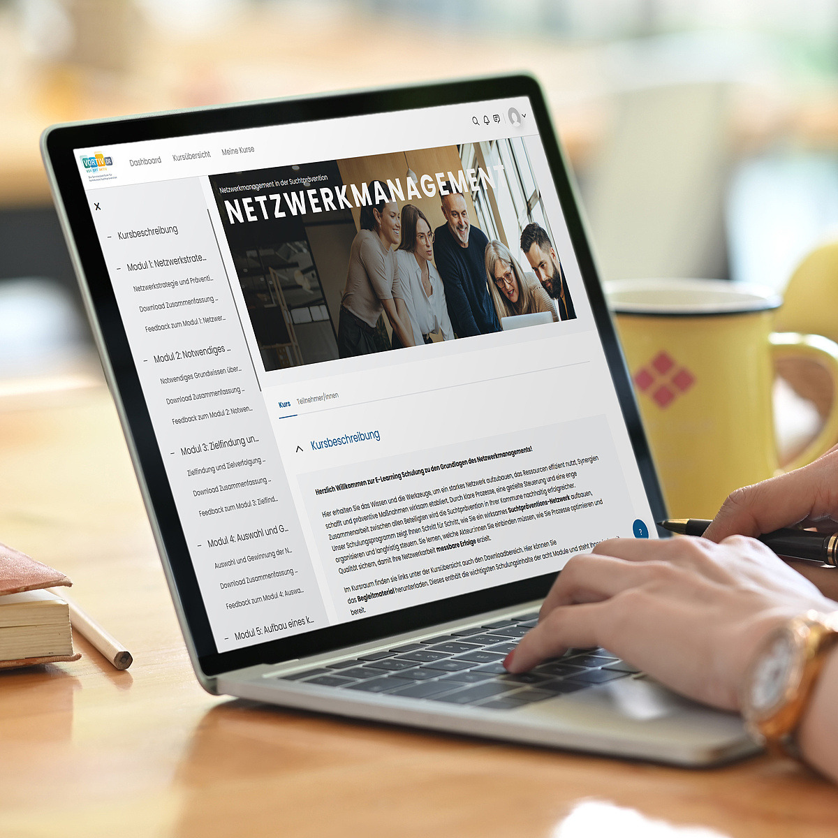 eine Frau schaut auf einen Laptop, auf dem die Plattform "Netzwerkmanagement" geöffnet ist