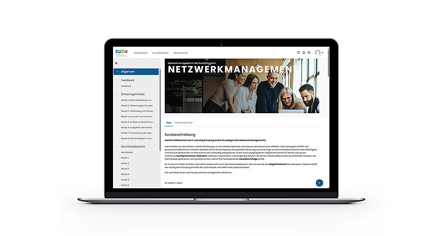 Auf dem Bildschirm eines Laptops ist die Schulungsplattform von VORTIV zu sehen.