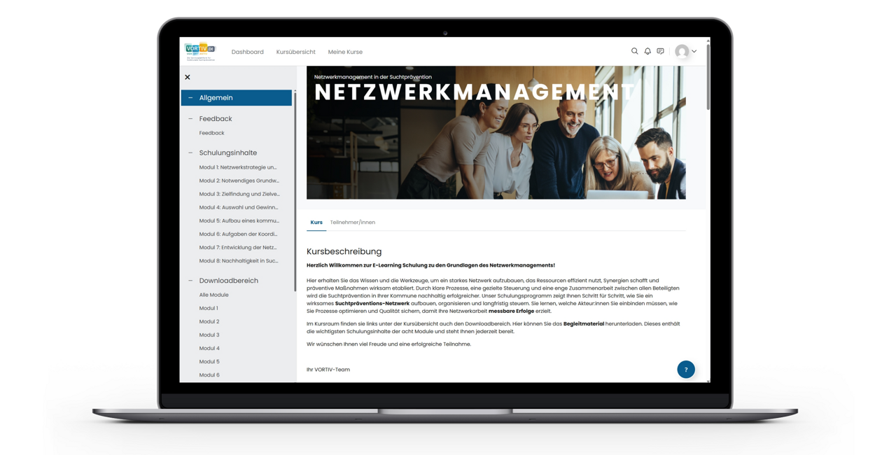 Auf dem Bildschirm eines Laptops ist die Schulungsplattform von VORTIV zu sehen.