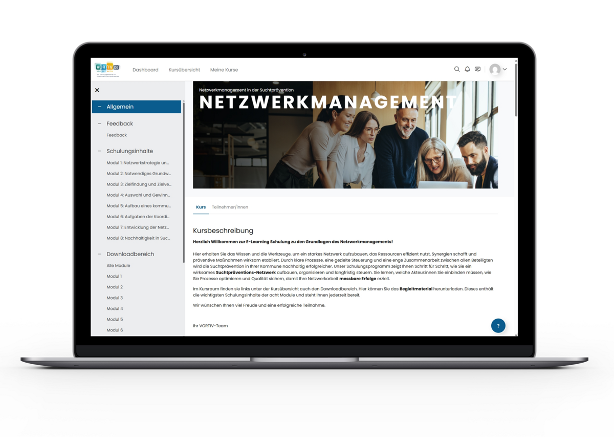 Auf dem Bildschirm eines Laptops ist die Schulungsplattform von VORTIV zu sehen.