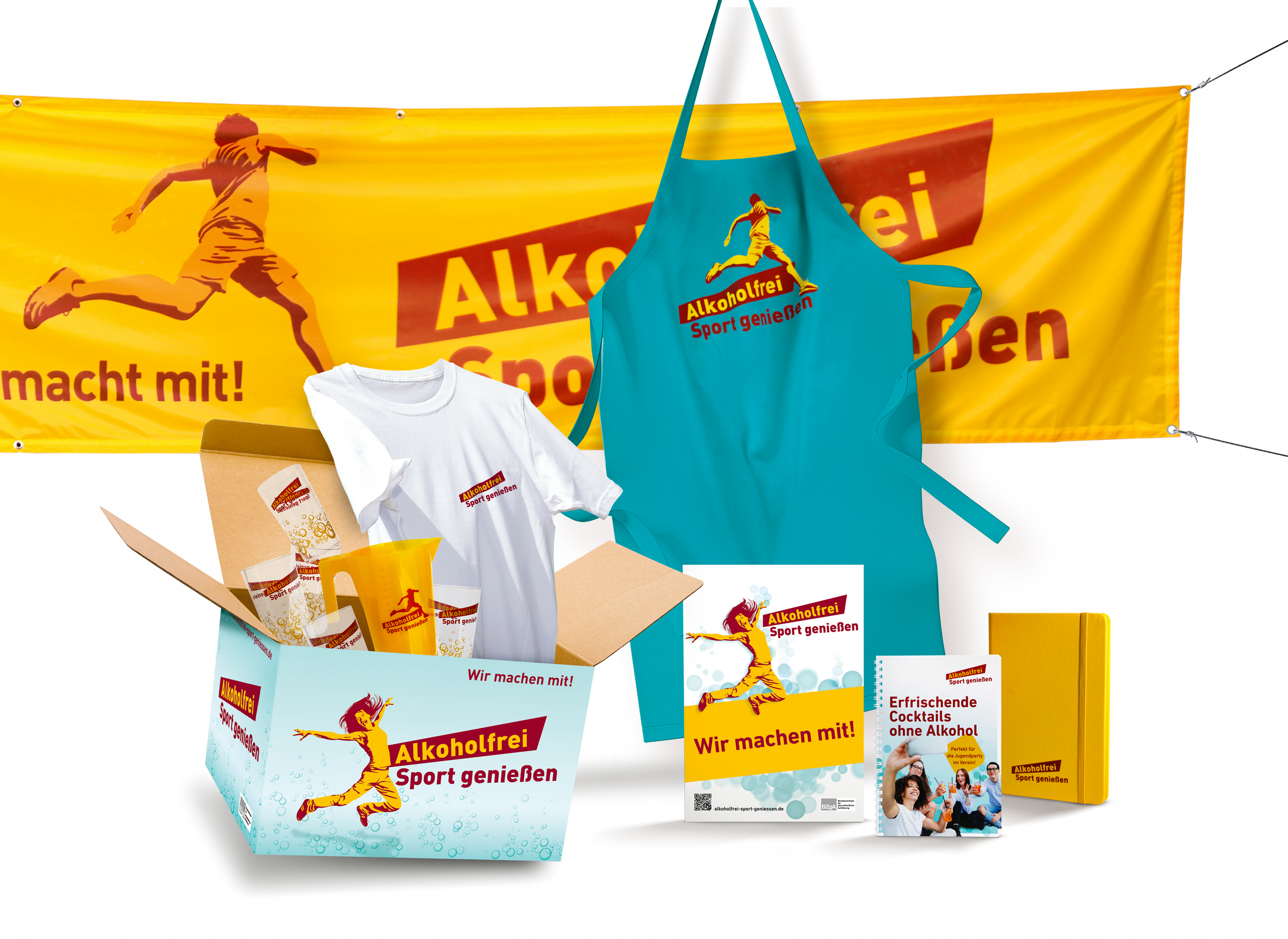 Aktionsbox mit folgenden Inhalten: ein Aktionsbanner „Alkoholfrei Sport genießen“ (3,50 x 0,80 m), T-Shirts für Helferinnen und Helfer, Ankündigungsplakate, Rezepthefte für alkoholfreie Cocktails, eine Barschürze, ein Messbecher sowie wiederverwendbare Trinkbecher, Notizbuch